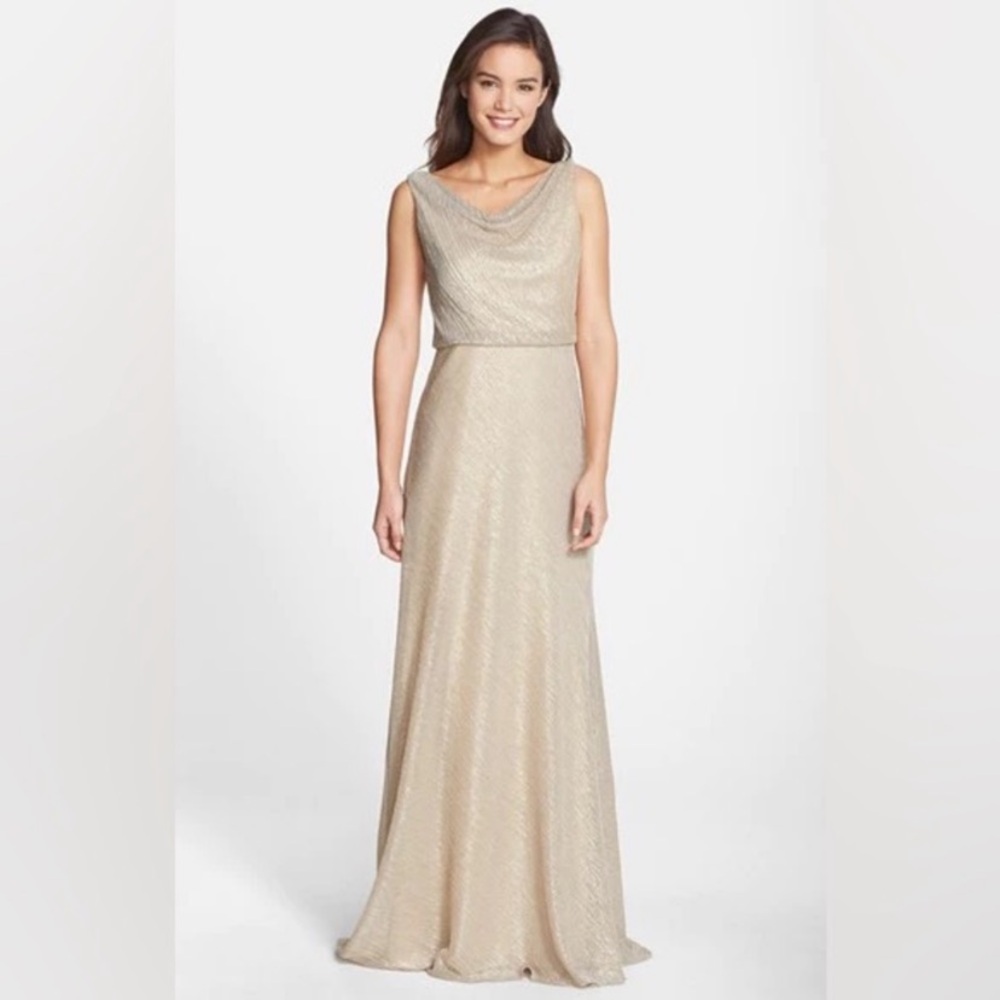 JENNY YOO MADELYN DRAPE NECK GOLD METALLIC GOWN MAXI DRESS SIZE 14